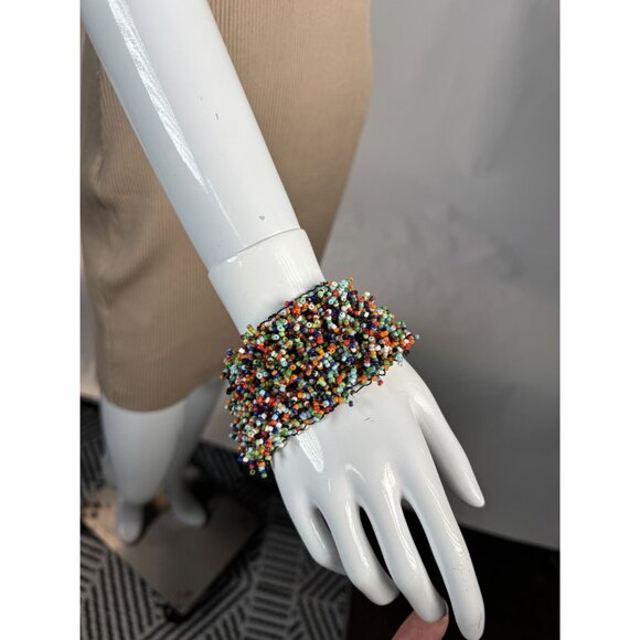 Multicolor Beaded Cuff Bracelet Handmade Elastic Boho Style Elastic Statement Je - Picture 9 of 16